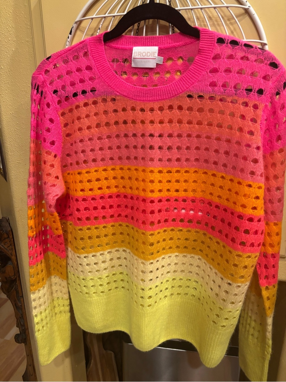 Brodie Cashmere Neon Openwork Crewneck Sweater — Pink, Orange, Yellow, Cream